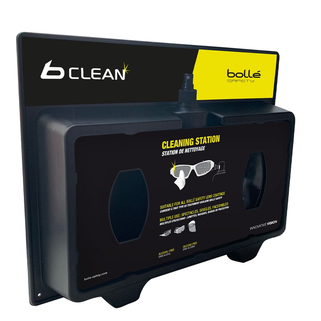 Bolle Safety, PACD500, Lens Cleaning Station with 500ML Lens Cleaner + 2x200 Multi Function Dry Cleaning Tissues